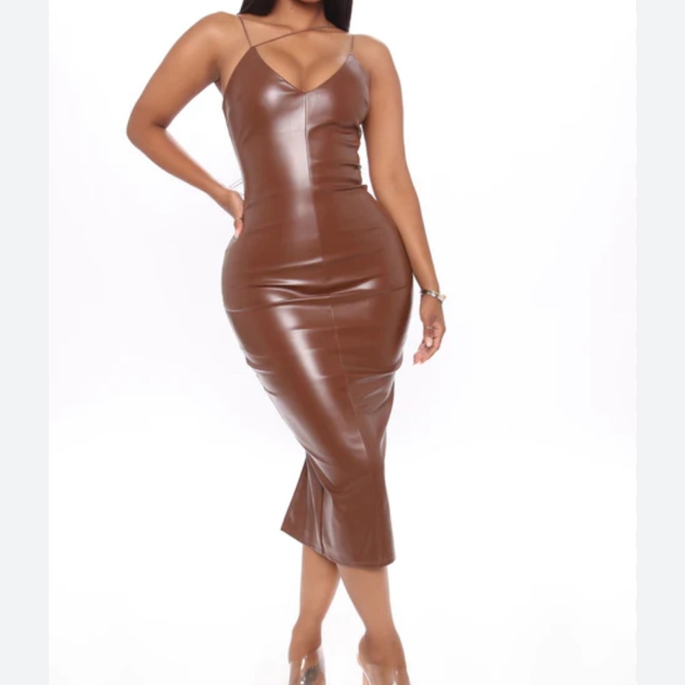 Fashion Nova Brown Faux Leather Midi Dress